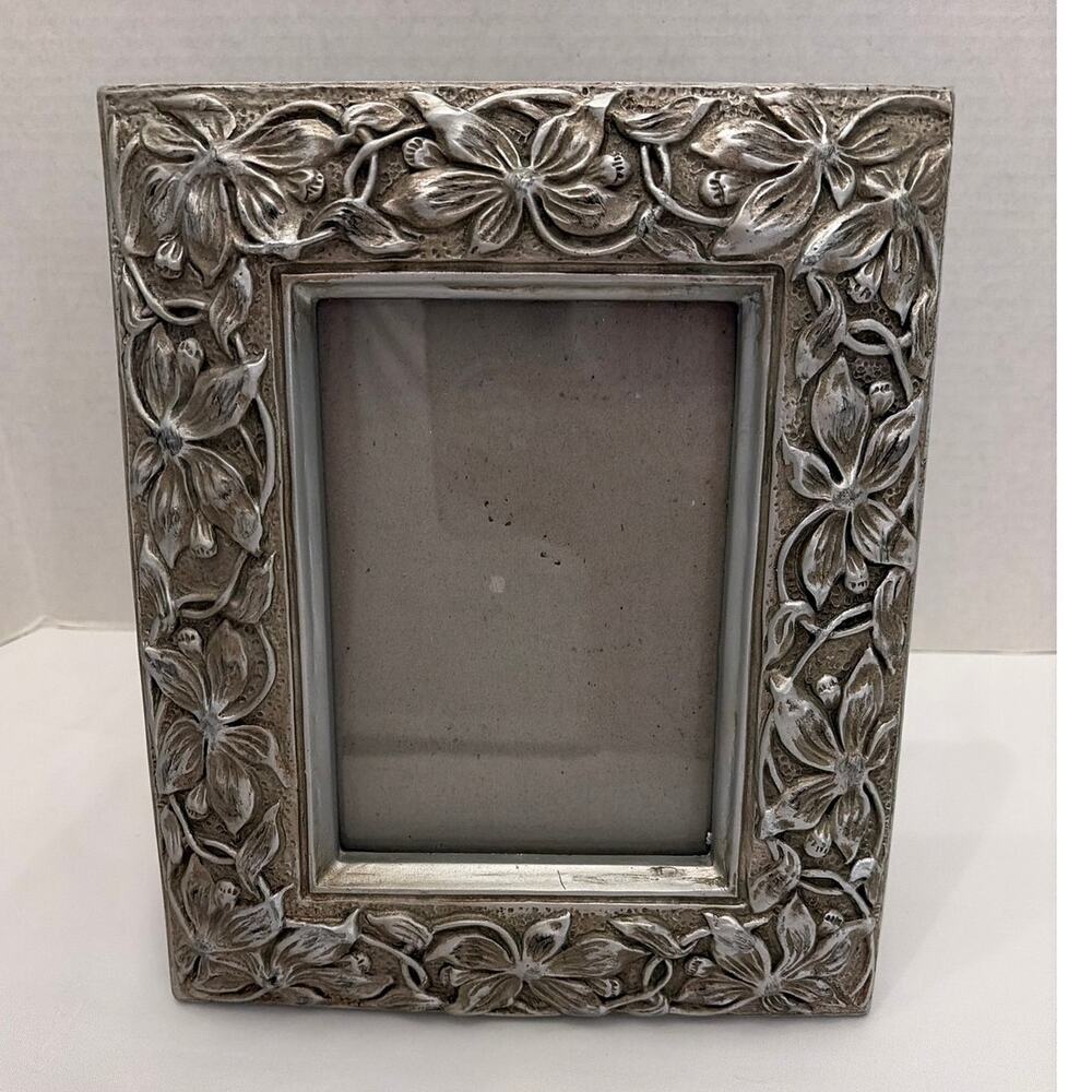 Six Trees Floral Picture Frame 5x7 Silver Tone Resin Cottage Farmhouse Decor